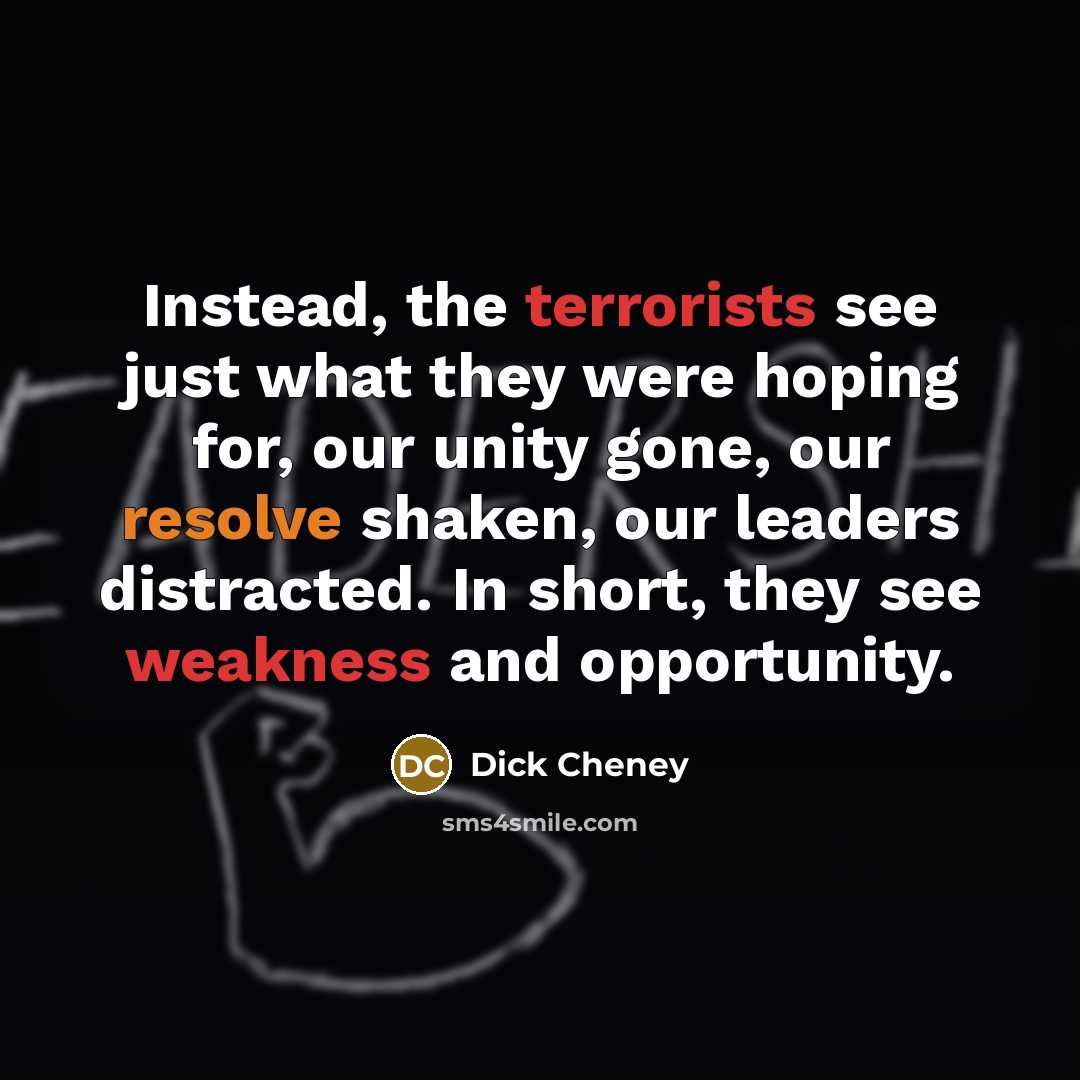 “Instead, the terrorists see just what they were hoping for, our unity gone, our resolve shaken, our leaders distracted. In short, they see weakness and opportunity.” quote by Dick Cheney