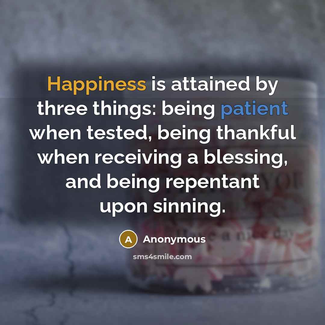 “Happiness is attained by three things: being patient when tested, being thankful when receiving a blessing, and being repentant upon sinning.” quote by Anonymous
