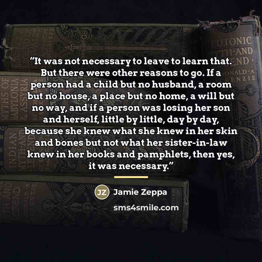 “It was not necessary to leave to learn that. But there were other reasons to go. If a person had a child but no husband, a room but no house, a place but no home, a will but no way, and if a person was losing her son and herself, little by little, day by day, because she knew what she knew in her…” quote by Jamie Zeppa
