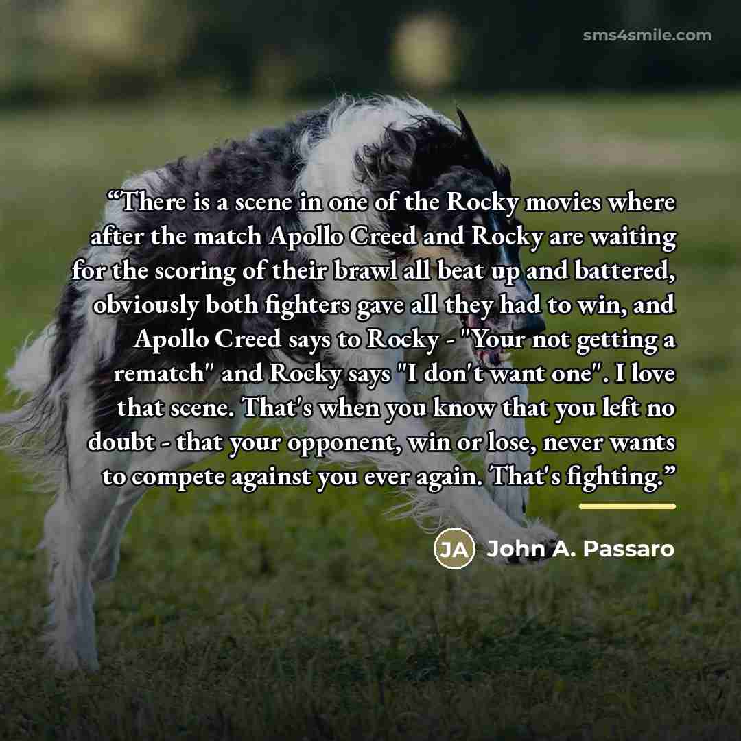 “There is a scene in one of the Rocky movies where after the match Apollo Creed and Rocky are waiting for the scoring of their brawl all beat up and battered, obviously both fighters gave all they had to win, and Apollo Creed says to Rocky - "Your not getting a rematch" and Rocky says "I don't want…” quote by John A. Passaro