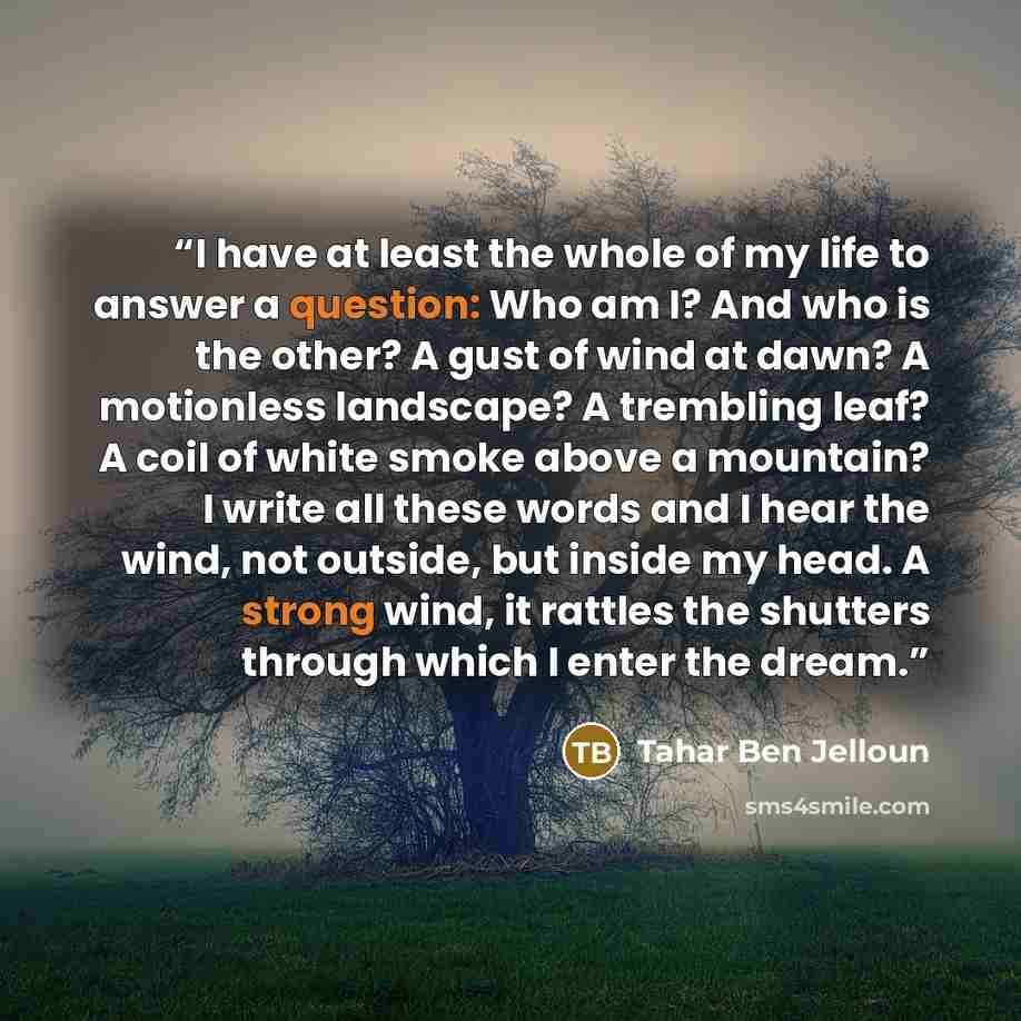 “I have at least the whole of my life to answer a question: Who am I? And who is the other? A gust of wind at dawn? A motionless landscape? A trembling leaf? A coil of white smoke above a mountain? I write all these words and I hear the wind, not outside, but inside my head. A strong wind, it…” quote by Tahar Ben Jelloun