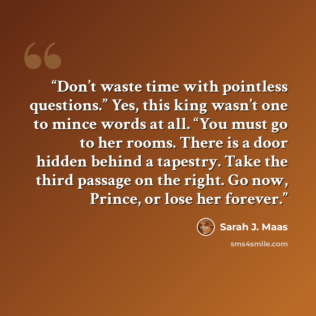 “Don’t waste time with pointless questions.” Yes, this king wasn’t one to mince words at all. “You must go to her rooms. There is a door hidden behind a tapestry. Take the third passage on the right. Go now, Prince, or lose her forever.” quote by Sarah J. Maas
