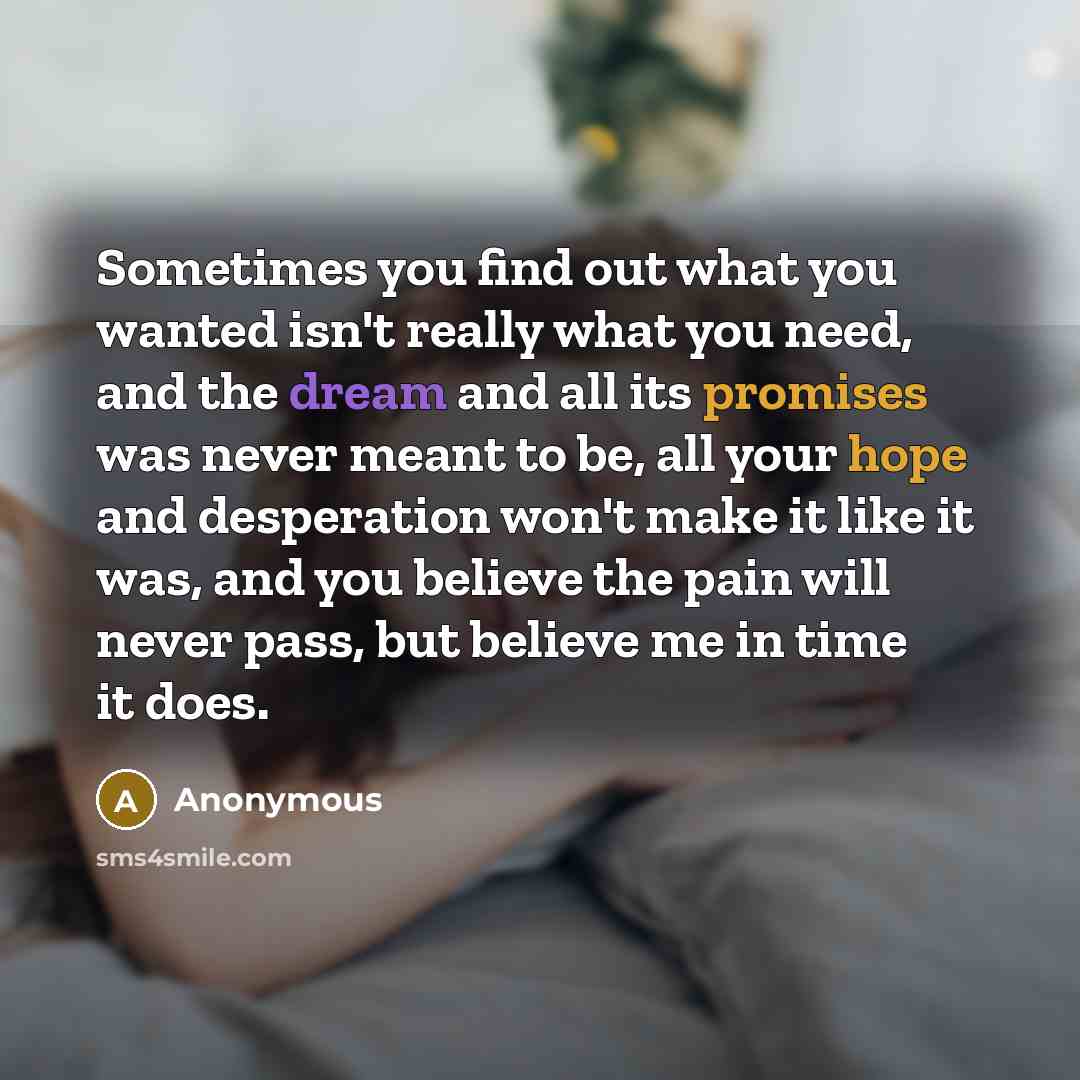 “Sometimes you find out what you wanted isn't really what you need, and the dream and all its promises was never meant to be, all your hope and desperation won't make it like it was, and you believe the pain will never pass, but believe me in time it does.” quote by Anonymous