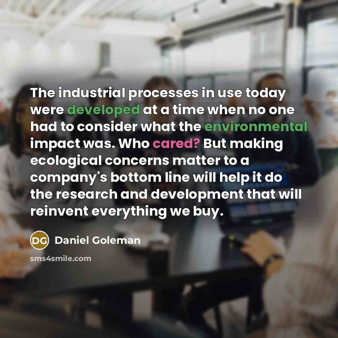 “The industrial processes in use today were developed at a time when no one had to consider what the environmental impact was. Who cared? But making ecological concerns matter to a company's bottom line will help it do the research and development that will reinvent everything we buy.” quote by Daniel Goleman