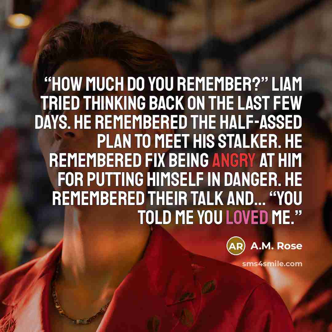 “How much do you remember?” Liam tried thinking back on the last few days. He remembered the half-assed plan to meet his stalker. He remembered Fix being angry at him for putting himself in danger. He remembered their talk and… “You told me you loved me.” quote by A.M. Rose