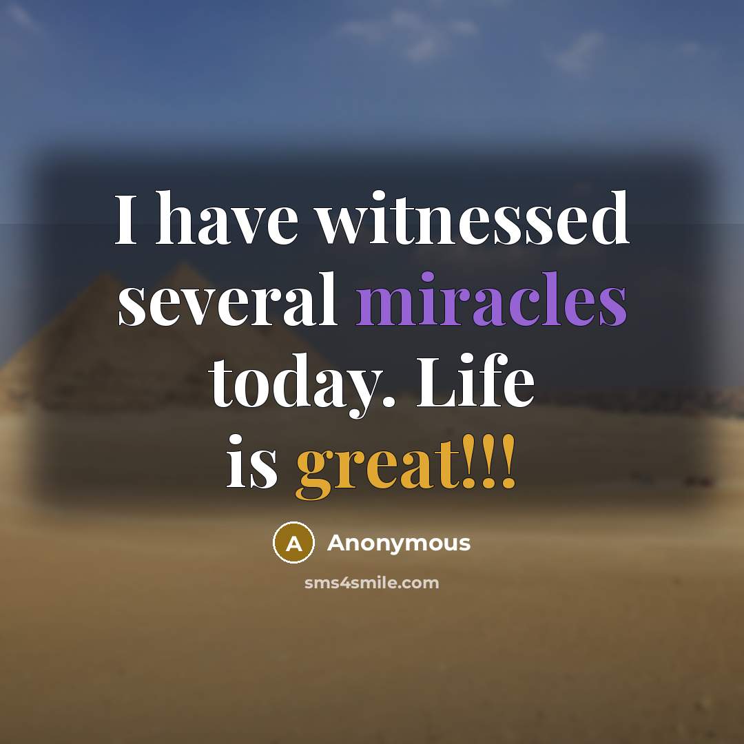 “I have witnessed several miracles today. Life is great!!!” quote by Anonymous