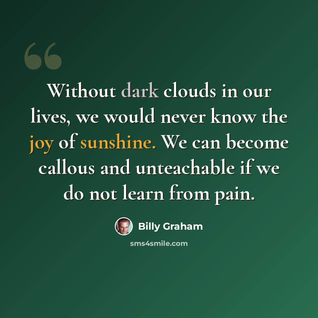 “Without dark clouds in our lives, we would never know the joy of sunshine. We can become callous and unteachable if we do not learn from pain.” quote by Billy Graham