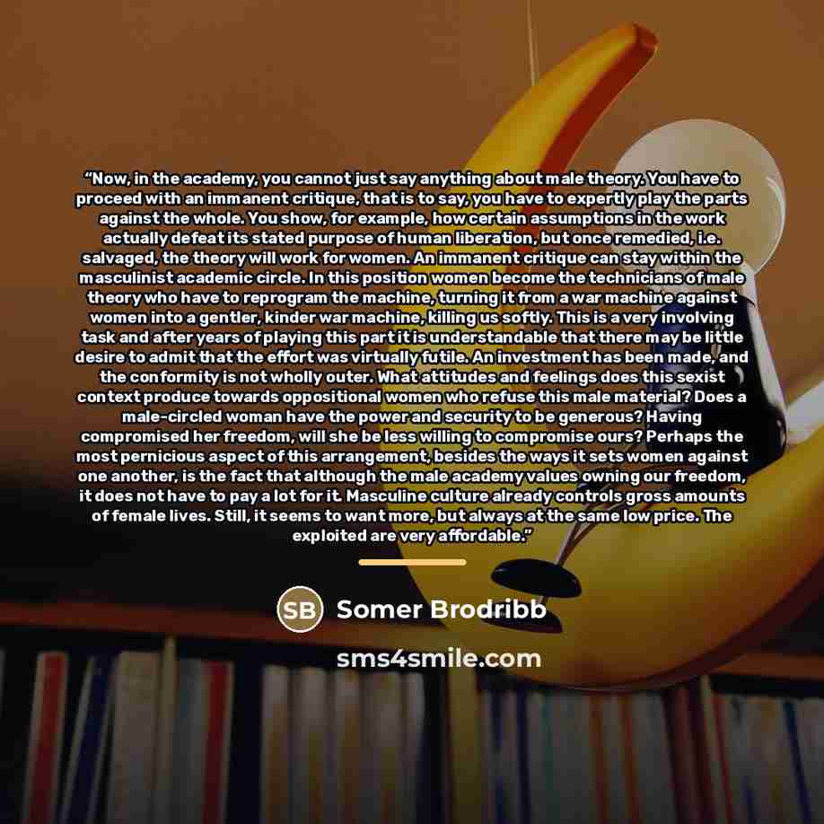 “Now, in the academy, you cannot just say anything about male theory. You have to proceed with an immanent critique, that is to say, you have to expertly play the parts against the whole. You show, for example, how certain assumptions in the work actually defeat its stated purpose of human…” quote by Somer Brodribb