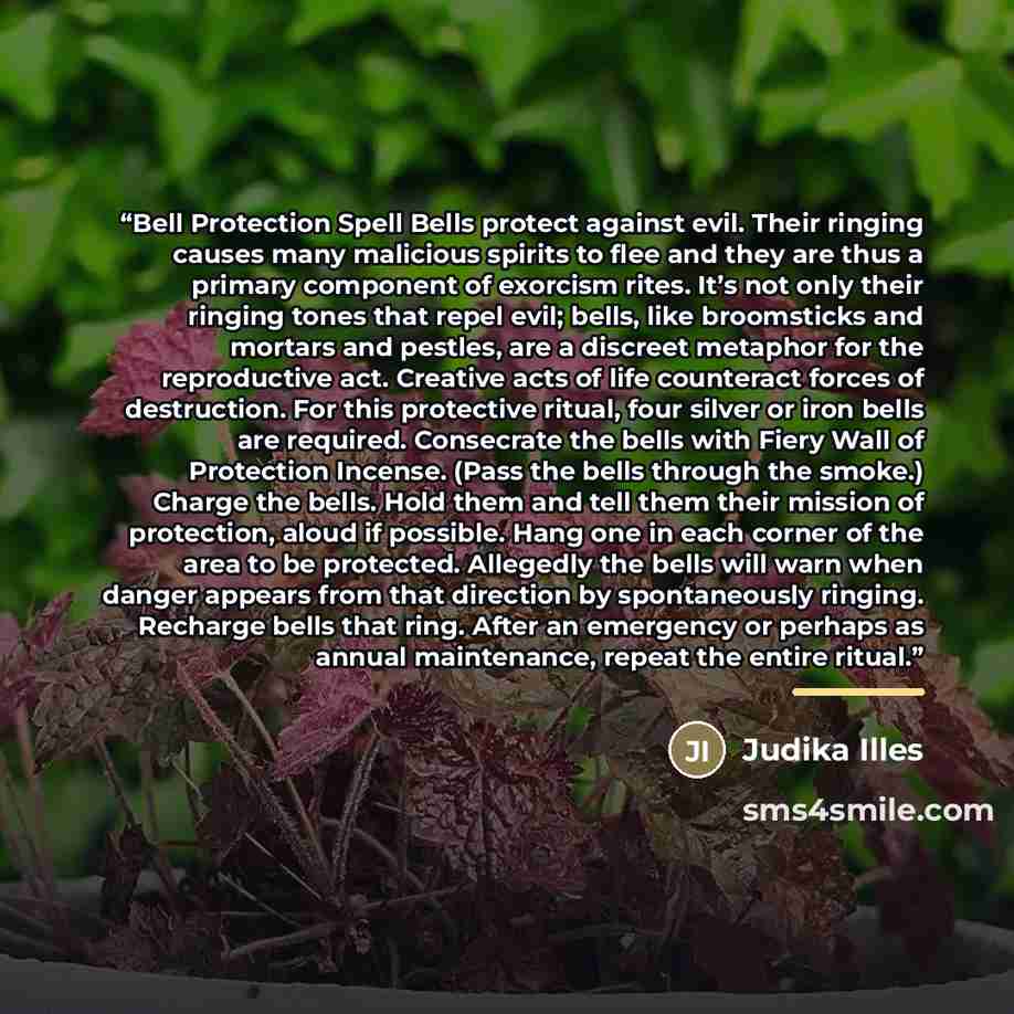“Bell Protection Spell Bells protect against evil. Their ringing causes many malicious spirits to flee and they are thus a primary component of exorcism rites. It’s not only their ringing tones that repel evil; bells, like broomsticks and mortars and pestles, are a discreet metaphor for the…” quote by Judika Illes