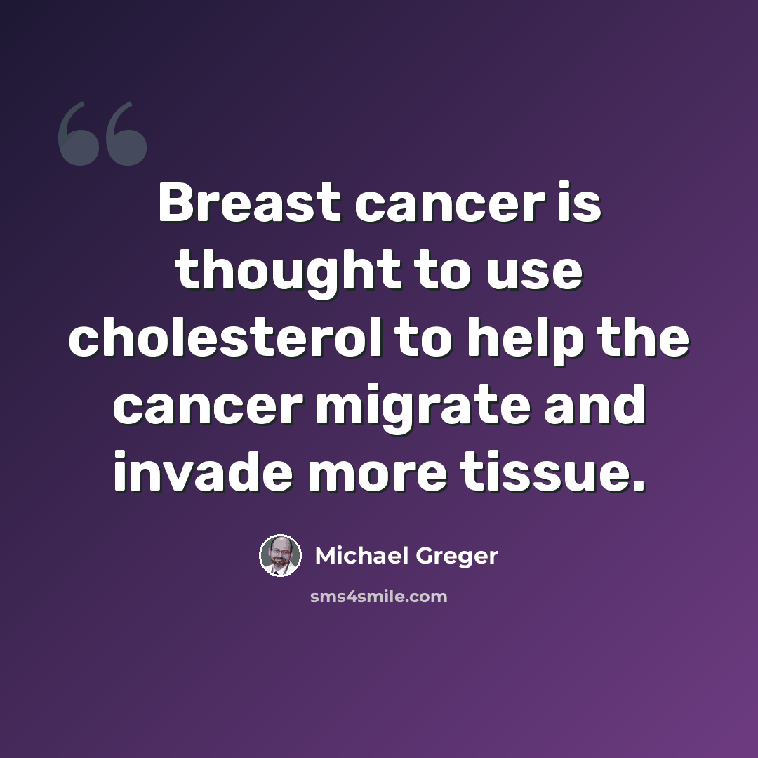 “Breast cancer is thought to use cholesterol to help the cancer migrate and invade more tissue.” quote by Michael Greger