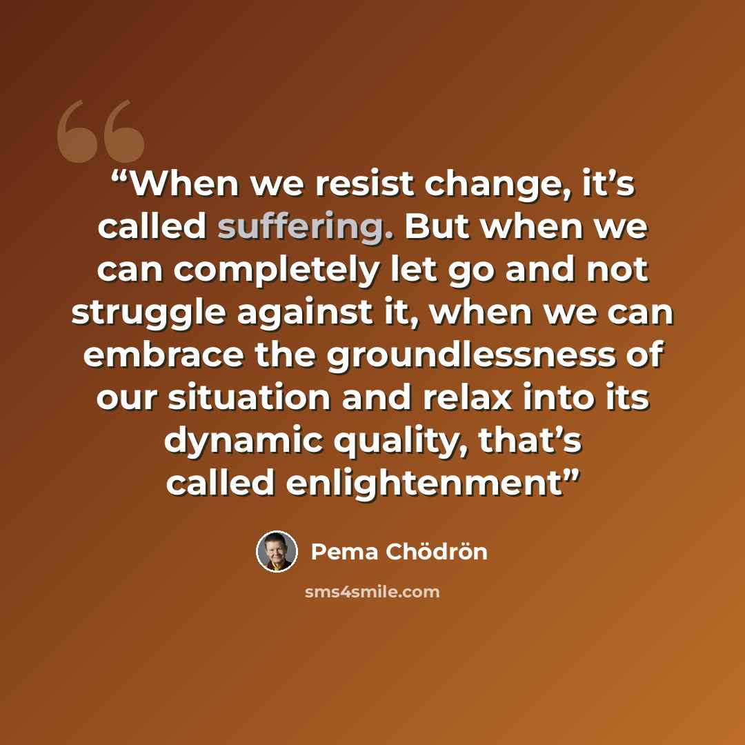 “When we resist change, it’s called suffering. But when we can completely let go and not struggle against it, when we can embrace the groundlessness of our situation and relax into its dynamic quality, that’s called enlightenment” quote by Pema Chodron
