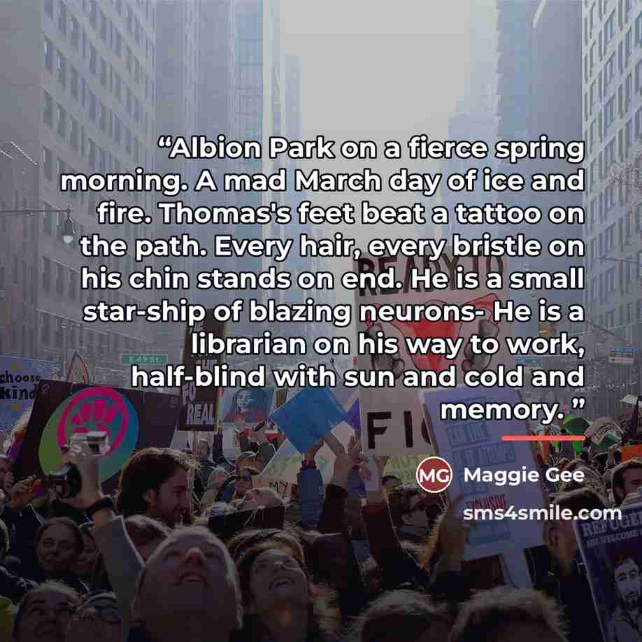 “Albion Park on a fierce spring morning. A mad March day of ice and fire. Thomas's feet beat a tattoo on the path. Every hair, every bristle on his chin stands on end. He is a small star-ship of blazing neurons- He is a librarian on his way to work, half-blind with sun and cold and memory.” quote by Maggie Gee