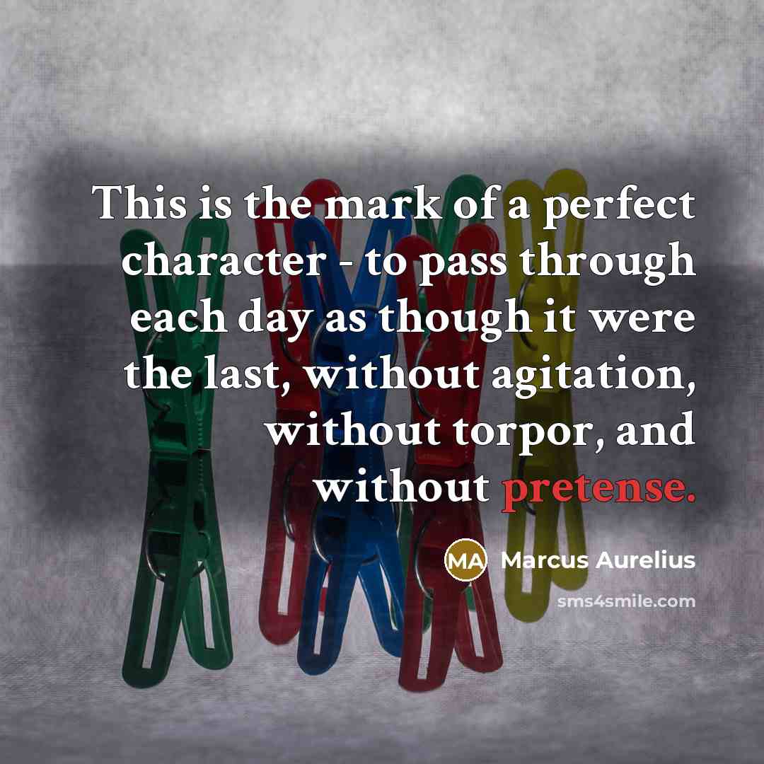 “This is the mark of a perfect character - to pass through each day as though it were the last, without agitation, without torpor, and without pretense.” quote by Marcus Aurelius