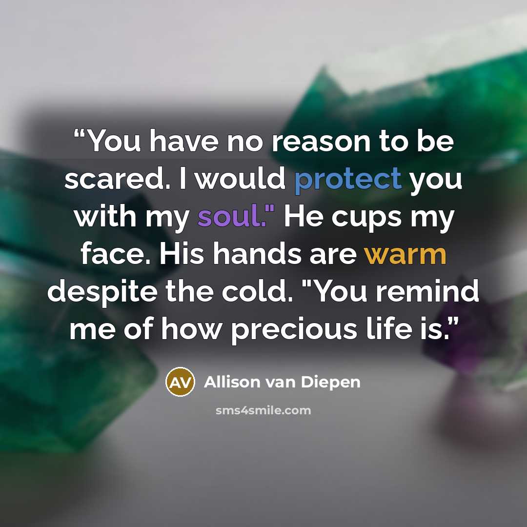 “You have no reason to be scared. I would protect you with my soul." He cups my face. His hands are warm despite the cold. "You remind me of how precious life is.” quote by Allison van Diepen