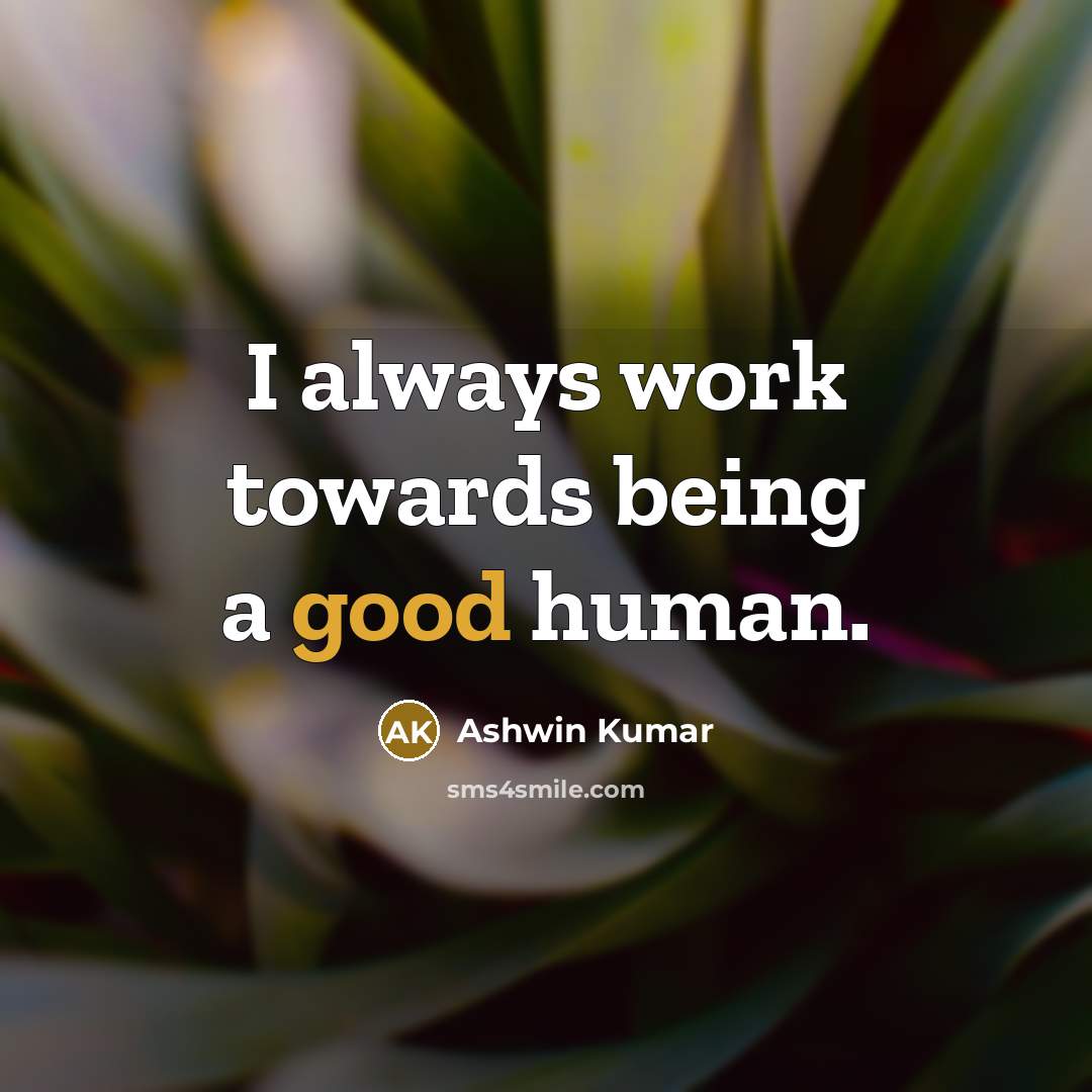 “I always work towards being a good human.” quote by Ashwin Kumar