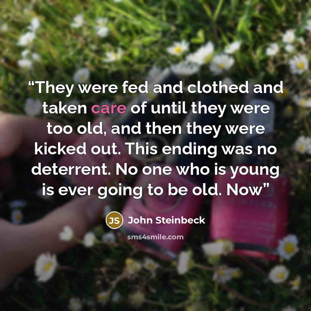 “They were fed and clothed and taken care of until they were too old, and then they were kicked out. This ending was no deterrent. No one who is young is ever going to be old. Now” quote by John Steinbeck