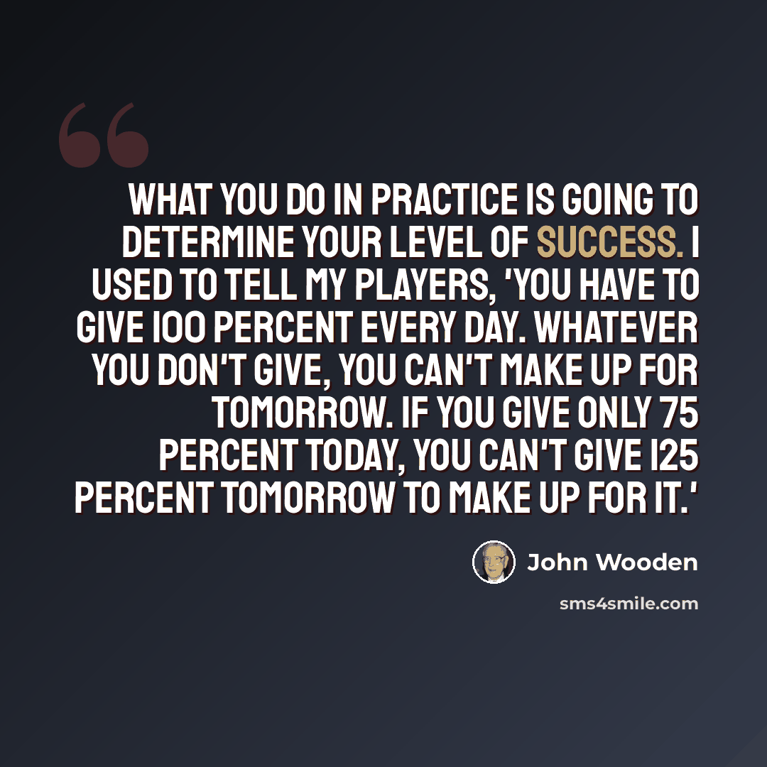 “What you do in practice is going to determine your level of success. I used to tell my players, 'You have to give 100 percent every day. Whatever you don't give, you can't make up for tomorrow. If you give only 75 percent today, you can't give 125 percent tomorrow to make up for it.'” quote by John Wooden