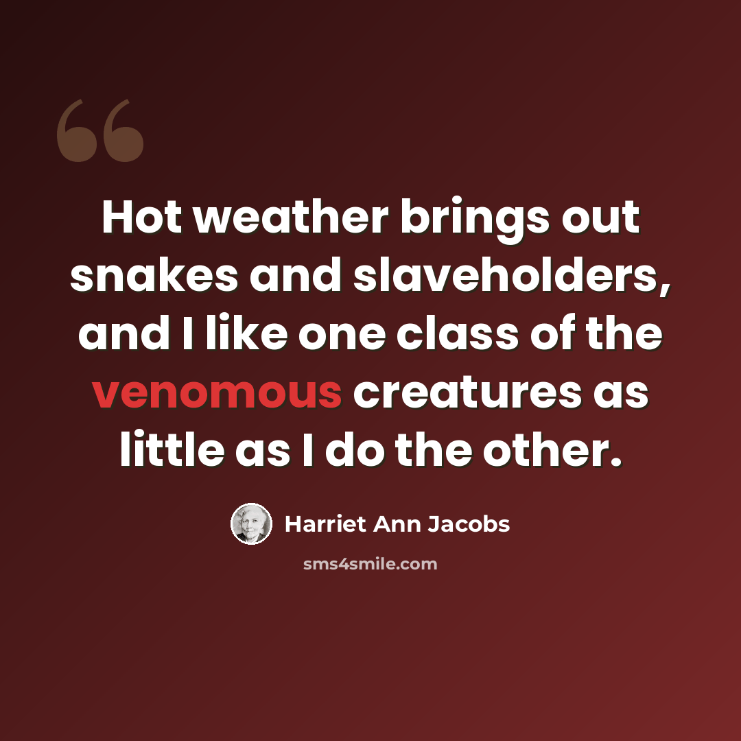 “Hot weather brings out snakes and slaveholders, and I like one class of the venomous creatures as little as I do the other.” quote by Harriet Ann Jacobs
