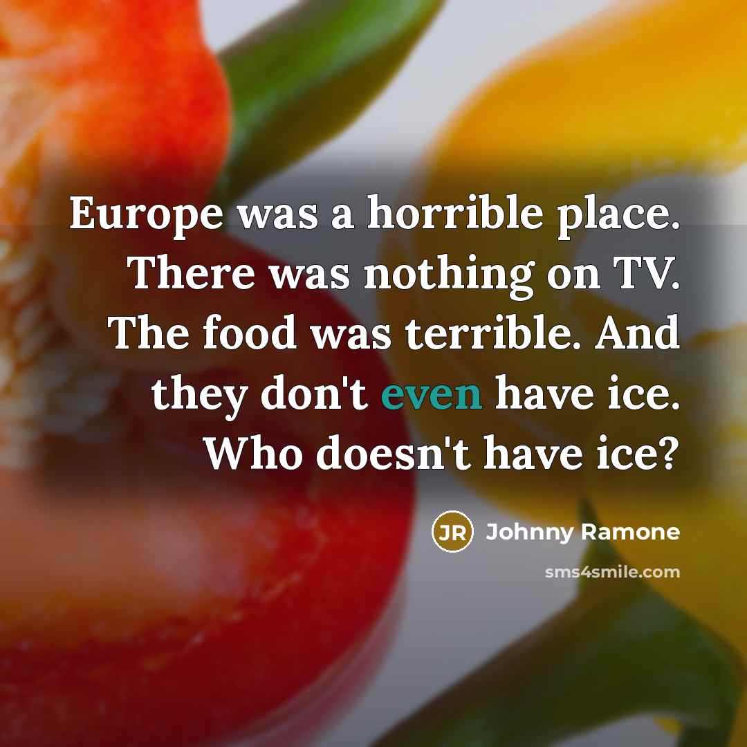 “Europe was a horrible place. There was nothing on TV. The food was terrible. And they don't even have ice. Who doesn't have ice?” quote by Johnny Ramone
