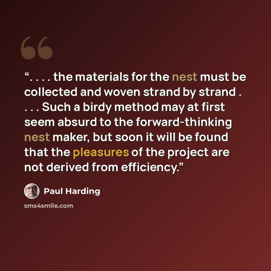 “. . . . the materials for the nest must be collected and woven strand by strand . . . . Such a birdy method may at first seem absurd to the forward-thinking nest maker, but soon it will be found that the pleasures of the project are not derived from efficiency.” quote by Paul Harding