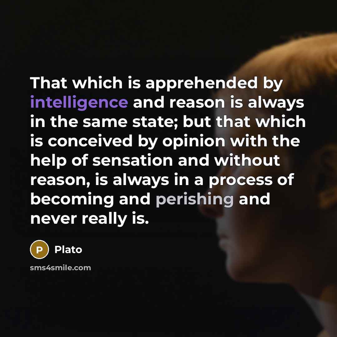 “That which is apprehended by intelligence and reason is always in the same state; but that which is conceived by opinion with the help of sensation and without reason, is always in a process of becoming and perishing and never really is.” quote by Plato