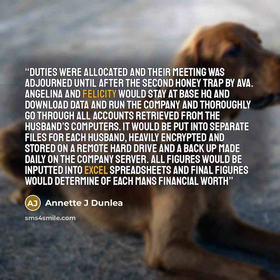 “Duties were allocated and their meeting was adjourned until after the second honey trap by Ava. Angelina and Felicity would stay at base HQ and download data and run the company and thoroughly go through all accounts retrieved from the husband’s computers. It would be put into separate files for…” quote by Annette J Dunlea