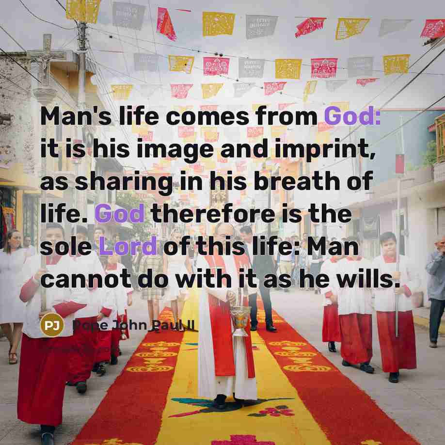 “Man's life comes from God: it is his image and imprint, as sharing in his breath of life. God therefore is the sole Lord of this life: Man cannot do with it as he wills.” quote by Pope John Paul II