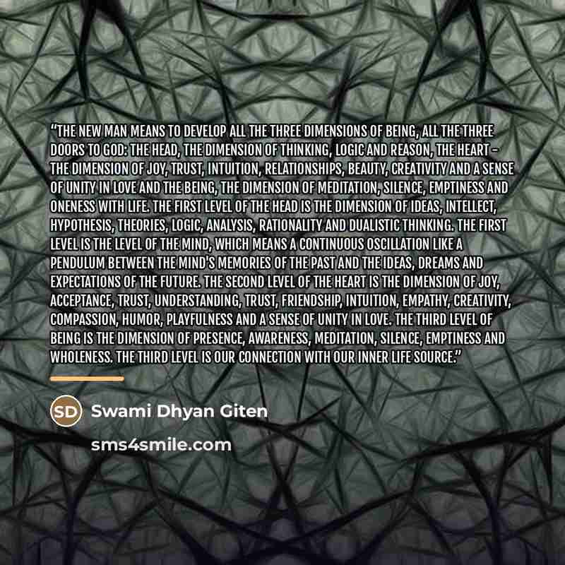 “The New Man means to develop all the three dimensions of being, all the three doors to God: the head, the dimension of thinking, logic and reason, the heart - the dimension of joy, trust, intuition, relationships, beauty, creativity and a sense of unity in love and the being, the dimension of…” quote by Swami Dhyan Giten