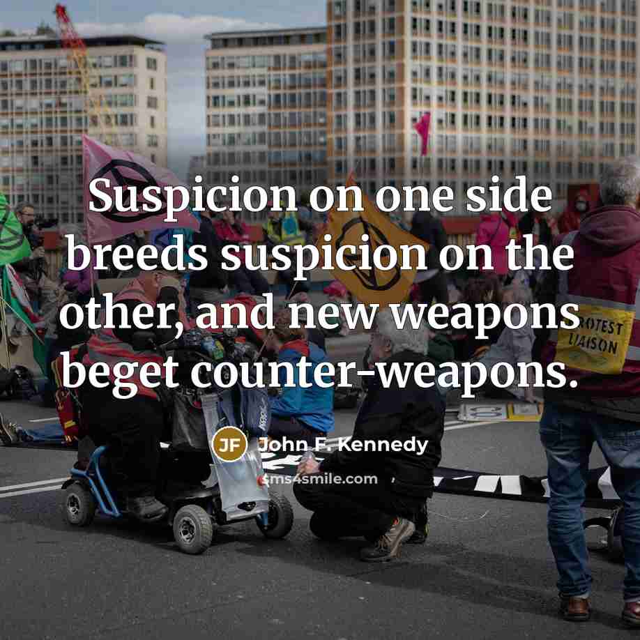 “Suspicion on one side breeds suspicion on the other, and new weapons beget counter-weapons.” quote by John F. Kennedy