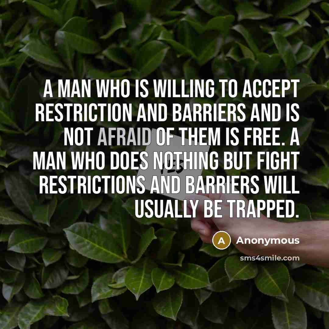 “A man who is willing to accept restriction and barriers and is not afraid of them is free. A man who does nothing but fight restrictions and barriers will usually be trapped.” quote by Anonymous