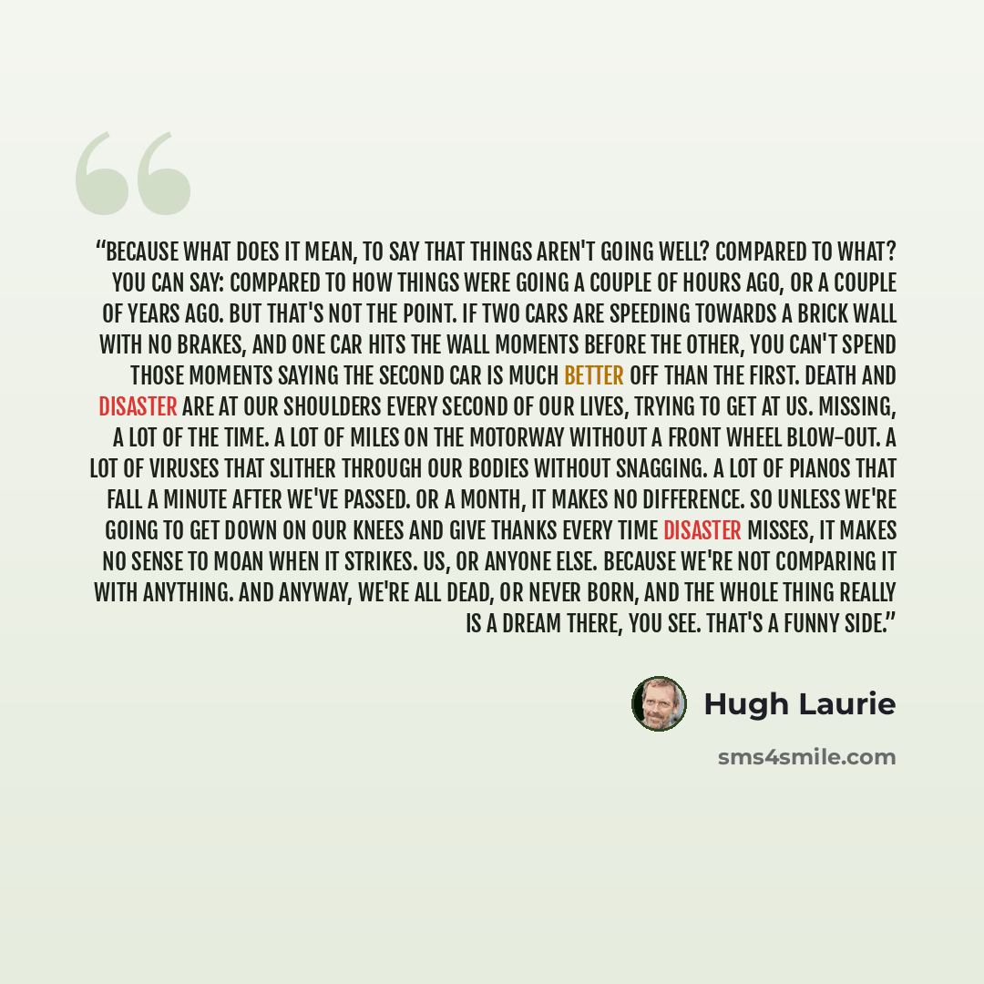 “Because what does it mean, to say that things aren't going well? Compared to what? You can say: compared to how things were going a couple of hours ago, or a couple of years ago. But that's not the point. If two cars are speeding towards a brick wall with no brakes, and one car hits the wall…” quote by Hugh Laurie