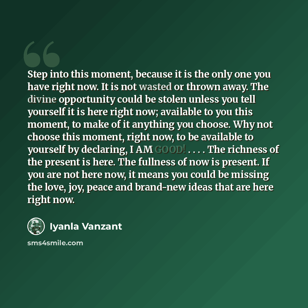 “Step into this moment, because it is the only one you have right now. It is not wasted or thrown away. The divine opportunity could be stolen unless you tell yourself it is here right now; available to you this moment, to make of it anything you choose. Why not choose this moment, right now, to be…” quote by Iyanla Vanzant