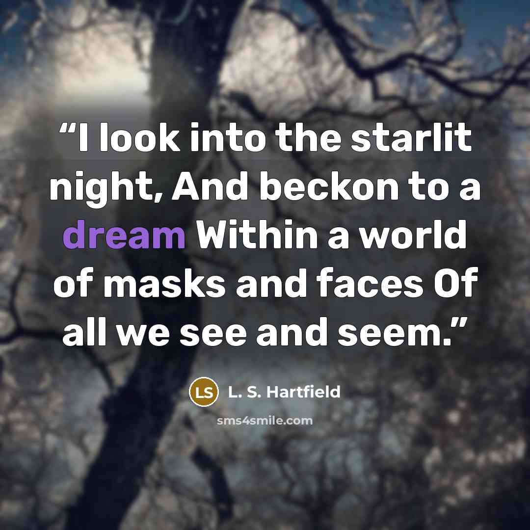 “I look in­to the star­lit night, And beck­on to a dream Within a world of masks and faces Of all we see and seem.” quote by L. S. Hartfield
