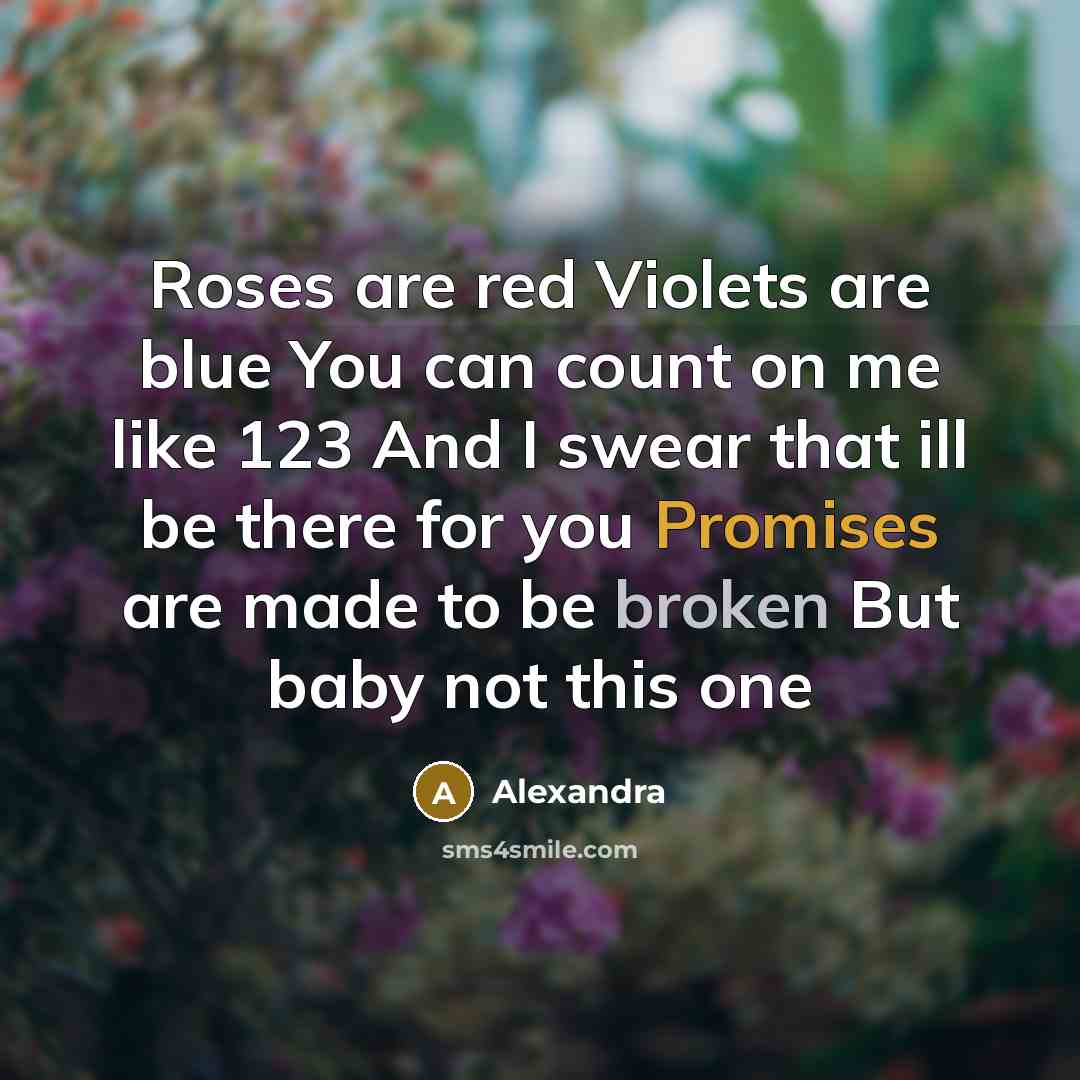 “Roses are red Violets are blue You can count on me like 123 And I swear that ill be there for you Promises are made to be broken But baby not this one” quote by Alexandra