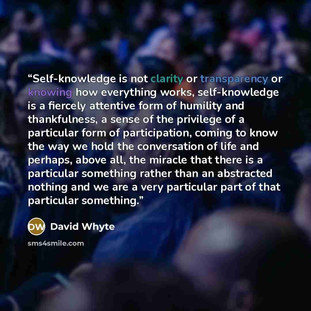 “Self-knowledge is not clarity or transparency or knowing how everything works, self-knowledge is a fiercely attentive form of humility and thankfulness, a sense of the privilege of a particular form of participation, coming to know the way we hold the conversation of life and perhaps, above all…” quote by David Whyte