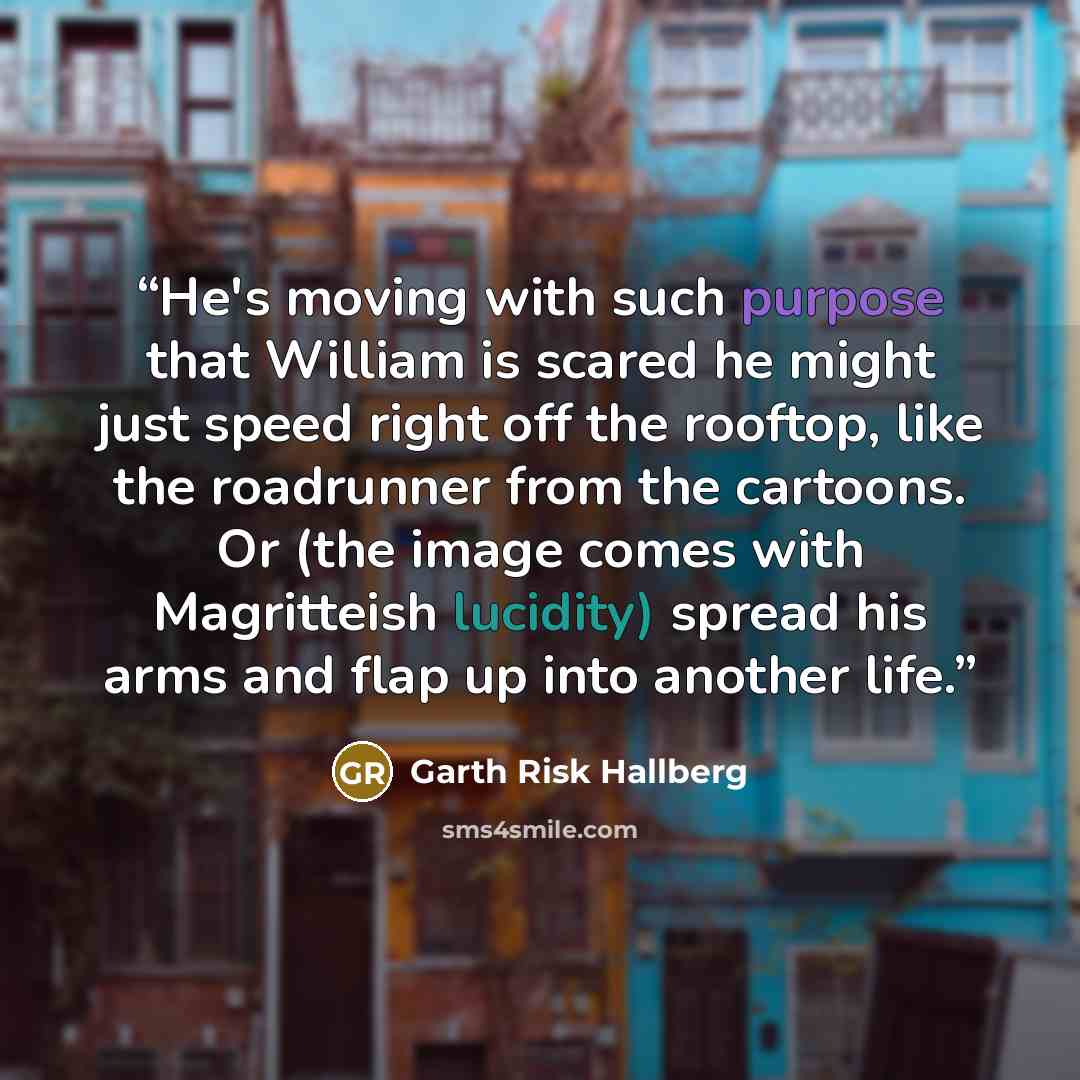 “He's moving with such purpose that William is scared he might just speed right off the rooftop, like the roadrunner from the cartoons. Or (the image comes with Magritteish lucidity) spread his arms and flap up into another life.” quote by Garth Risk Hallberg