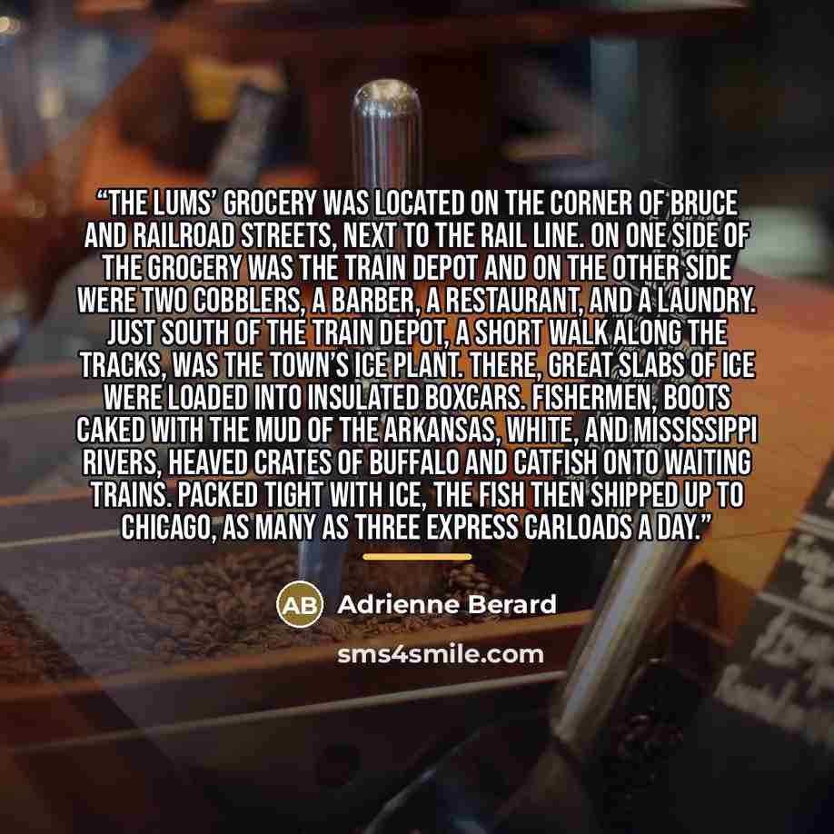 “The Lums’ grocery was located on the corner of Bruce and Railroad Streets, next to the rail line. On one side of the grocery was the train depot and on the other side were two cobblers, a barber, a restaurant, and a laundry. Just south of the train depot, a short walk along the tracks, was the…” quote by Adrienne Berard