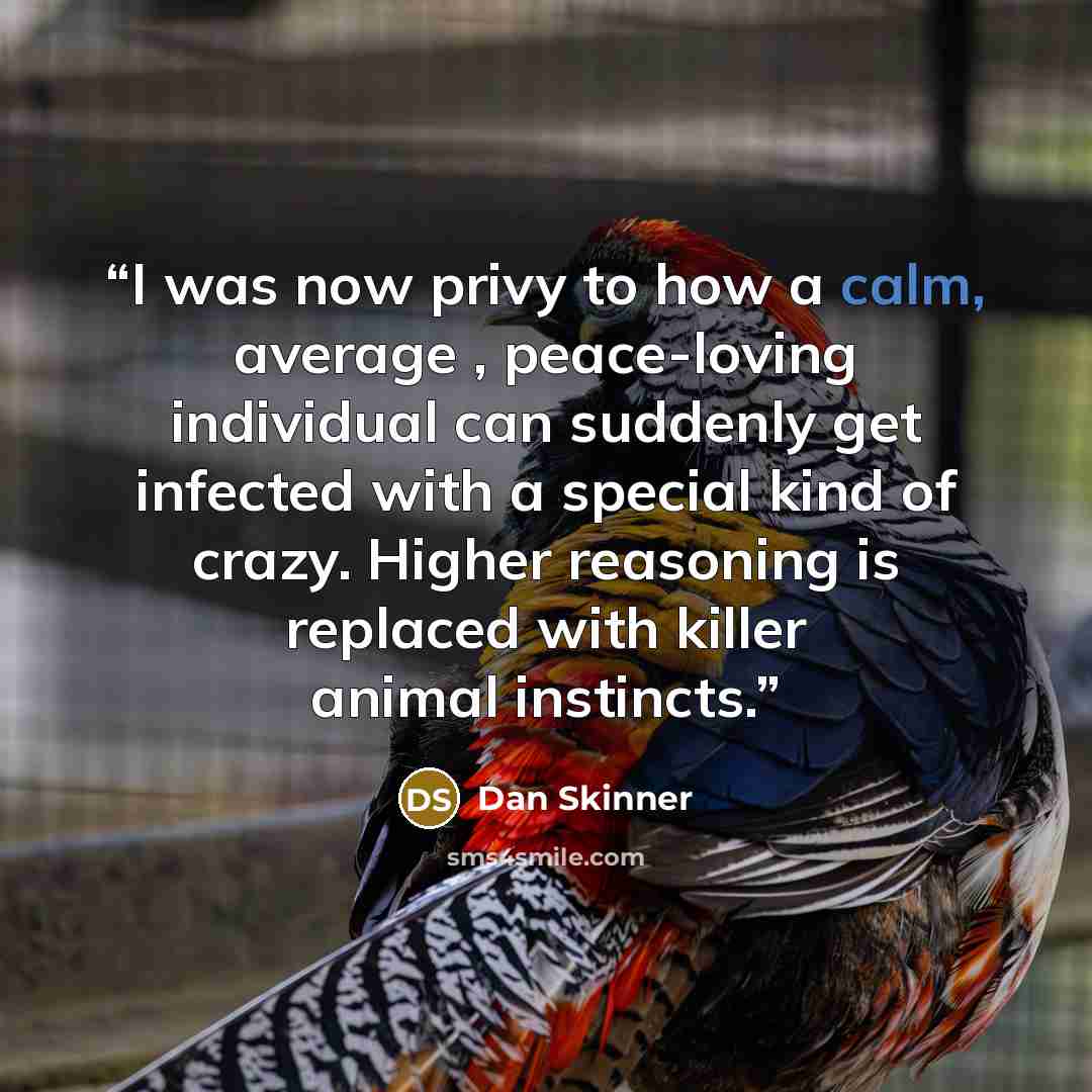 “I was now privy to how a calm, average , peace-loving individual can suddenly get infected with a special kind of crazy. Higher reasoning is replaced with killer animal instincts.” quote by Dan Skinner