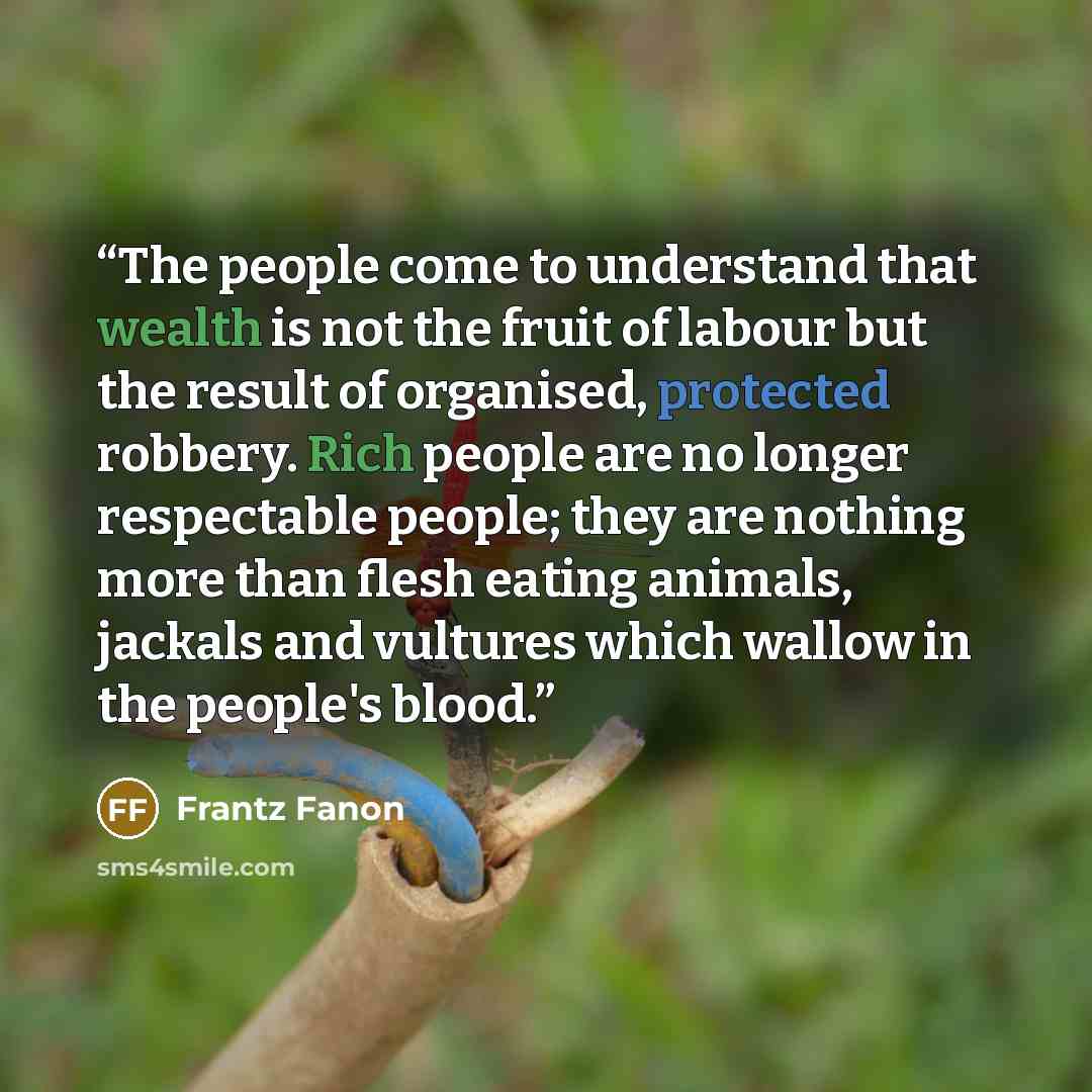 “The people come to understand that wealth is not the fruit of labour but the result of organised, protected robbery. Rich people are no longer respectable people; they are nothing more than flesh eating animals, jackals and vultures which wallow in the people's blood.” quote by Frantz Fanon