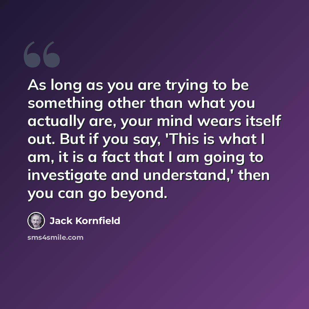“As long as you are trying to be something other than what you actually are, your mind wears itself out. But if you say, 'This is what I am, it is a fact that I am going to investigate and understand,' then you can go beyond.” quote by Jack Kornfield