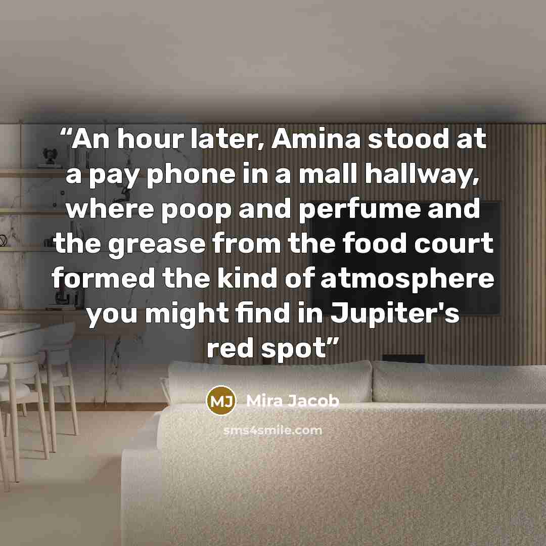 “An hour later, Amina stood at a pay phone in a mall hallway, where poop and perfume and the grease from the food court formed the kind of atmosphere you might find in Jupiter's red spot” quote by Mira Jacob