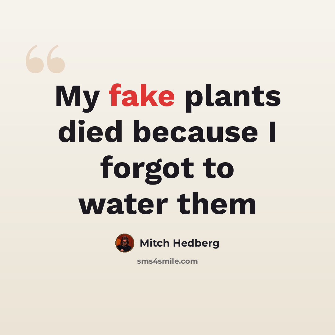“My fake plants died because I forgot to water them” quote by Mitch Hedberg