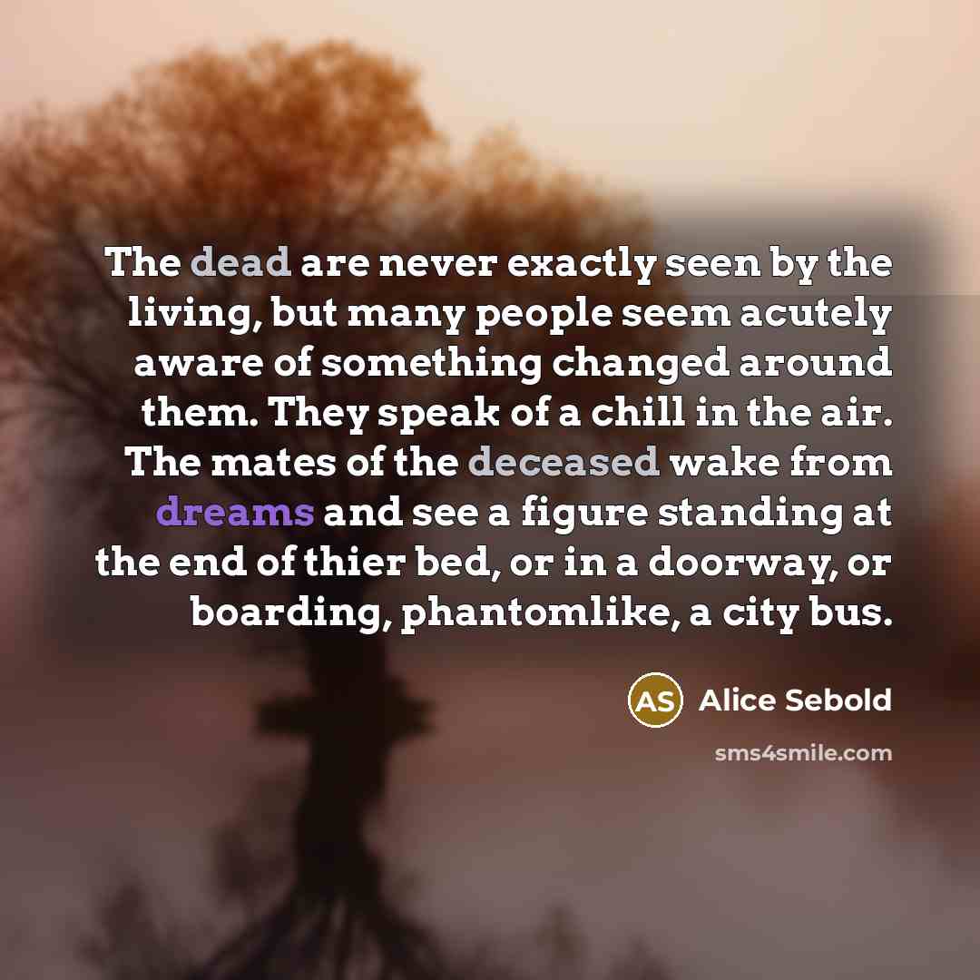 “The dead are never exactly seen by the living, but many people seem acutely aware of something changed around them. They speak of a chill in the air. The mates of the deceased wake from dreams and see a figure standing at the end of thier bed, or in a doorway, or boarding, phantomlike, a city bus.” quote by Alice Sebold