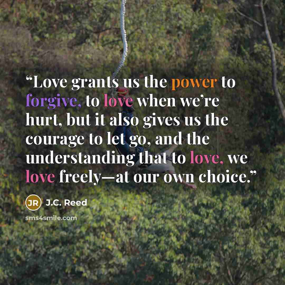 “Love grants us the power to forgive, to love when we’re hurt, but it also gives us the courage to let go, and the understanding that to love, we love freely—at our own choice.” quote by J.C. Reed