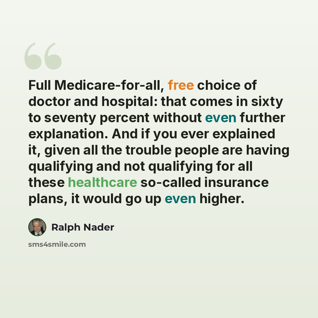 “Full Medicare-for-all, free choice of doctor and hospital: that comes in sixty to seventy percent without even further explanation. And if you ever explained it, given all the trouble people are having qualifying and not qualifying for all these healthcare so-called insurance plans, it would go up…” quote by Ralph Nader