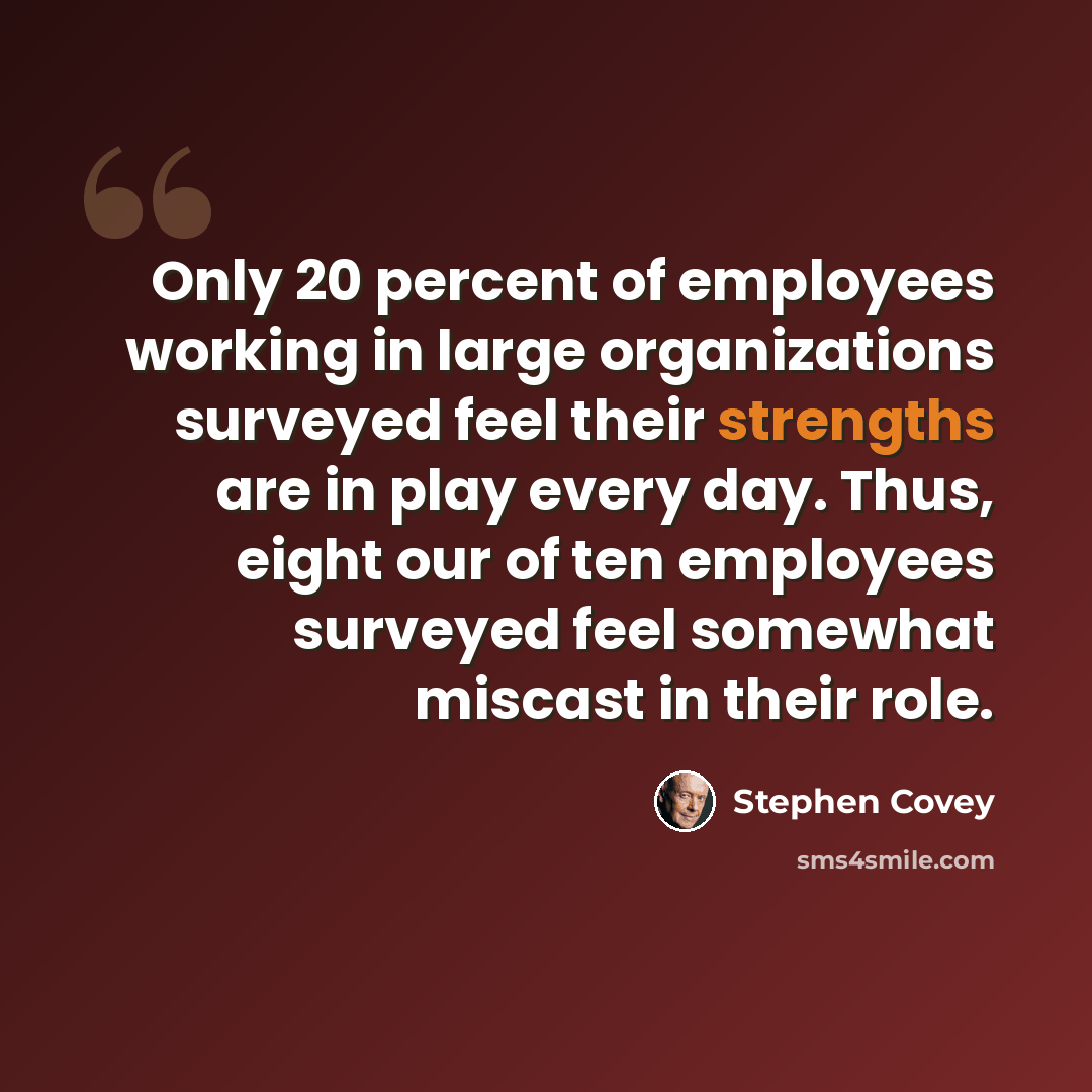 “Only 20 percent of employees working in large organizations surveyed feel their strengths are in play every day. Thus, eight our of ten employees surveyed feel somewhat miscast in their role.” quote by Stephen Covey