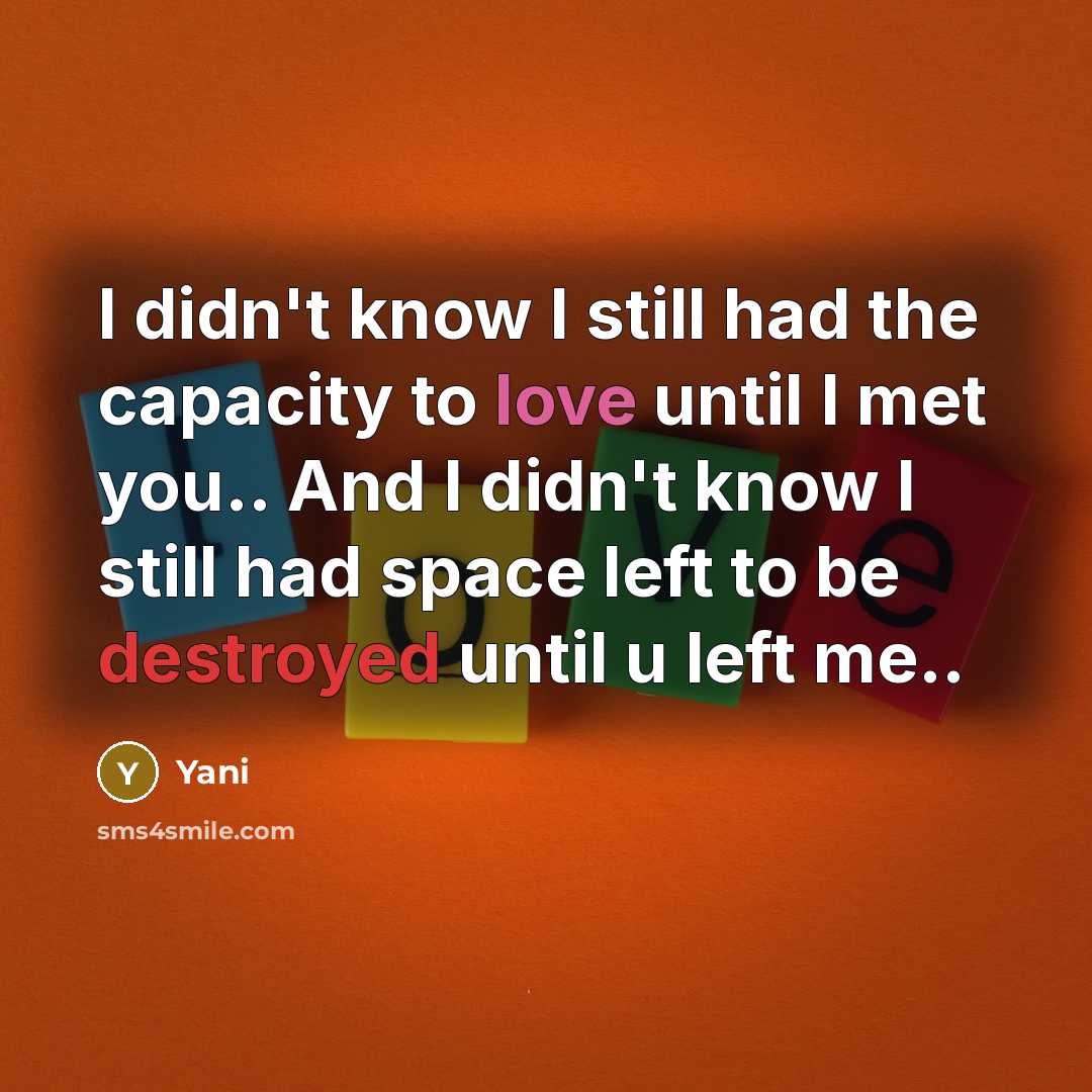 “I didn't know I still had the capacity to love until I met you.. And I didn't know I still had space left to be destroyed until u left me..” quote by Yani