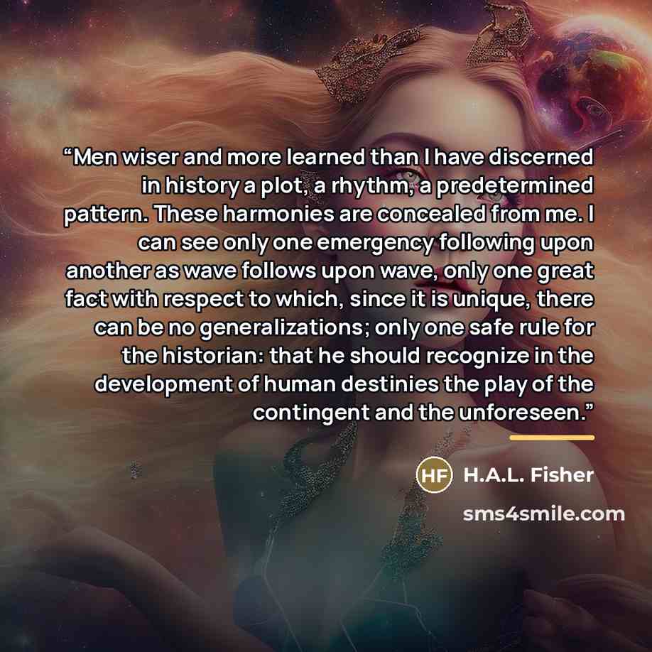 “Men wiser and more learned than I have discerned in history a plot, a rhythm, a predetermined pattern. These harmonies are concealed from me. I can see only one emergency following upon another as wave follows upon wave, only one great fact with respect to which, since it is unique, there can be…” quote by Anonymous