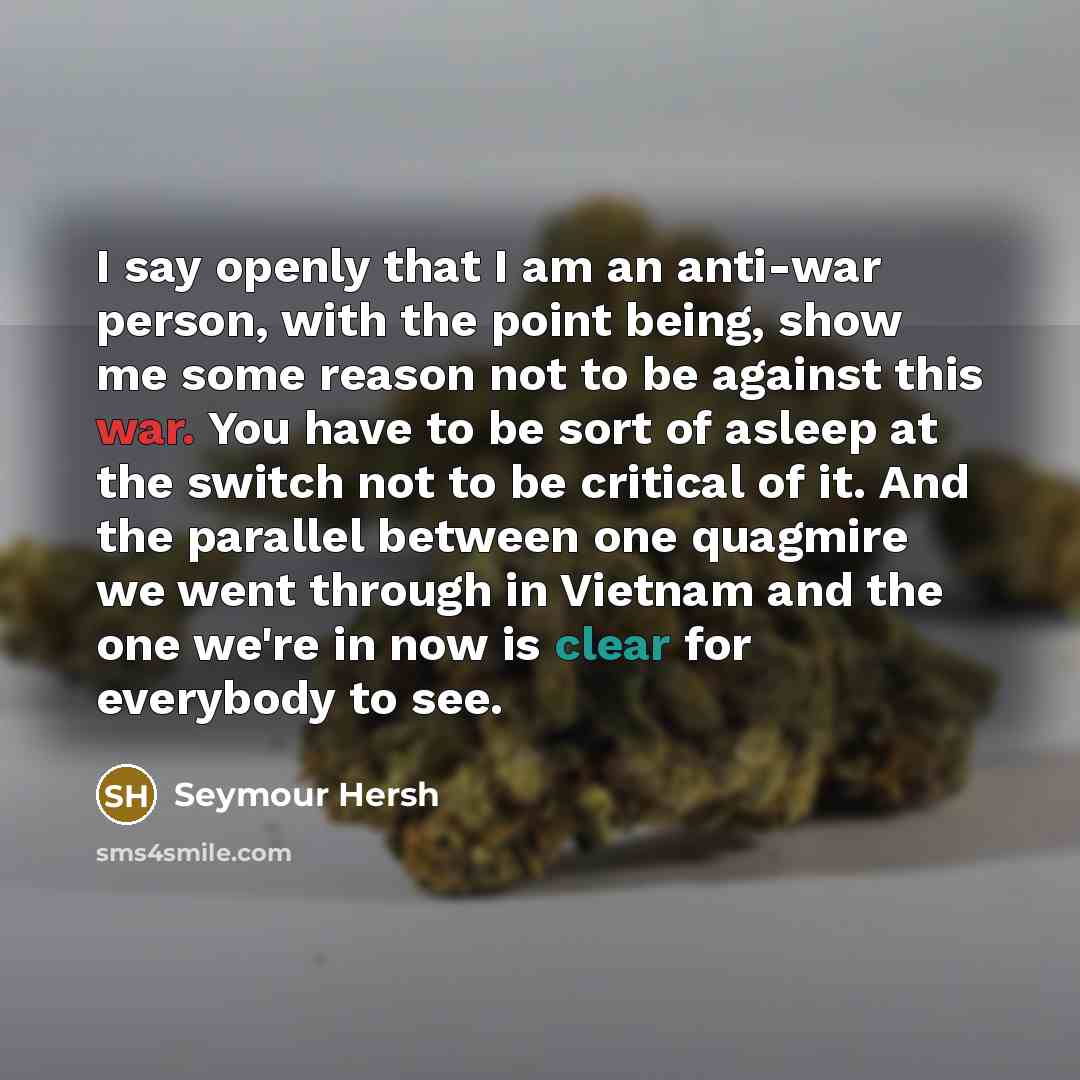 “I say openly that I am an anti-war person, with the point being, show me some reason not to be against this war. You have to be sort of asleep at the switch not to be critical of it. And the parallel between one quagmire we went through in Vietnam and the one we're in now is clear for everybody to…” quote by Seymour Hersh