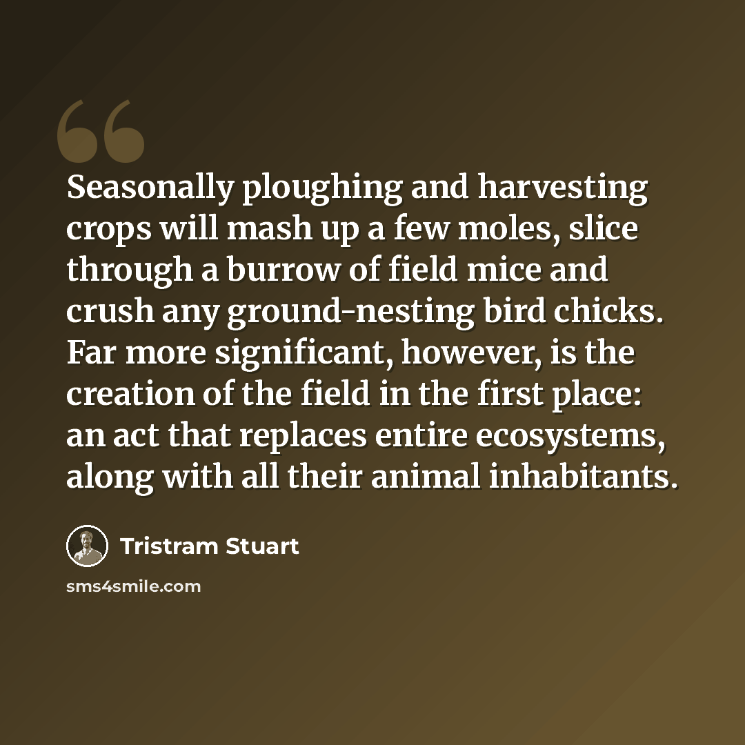 “Seasonally ploughing and harvesting crops will mash up a few moles, slice through a burrow of field mice and crush any ground-nesting bird chicks. Far more significant, however, is the creation of the field in the first place: an act that replaces entire ecosystems, along with all their animal…” quote by Tristram Stuart